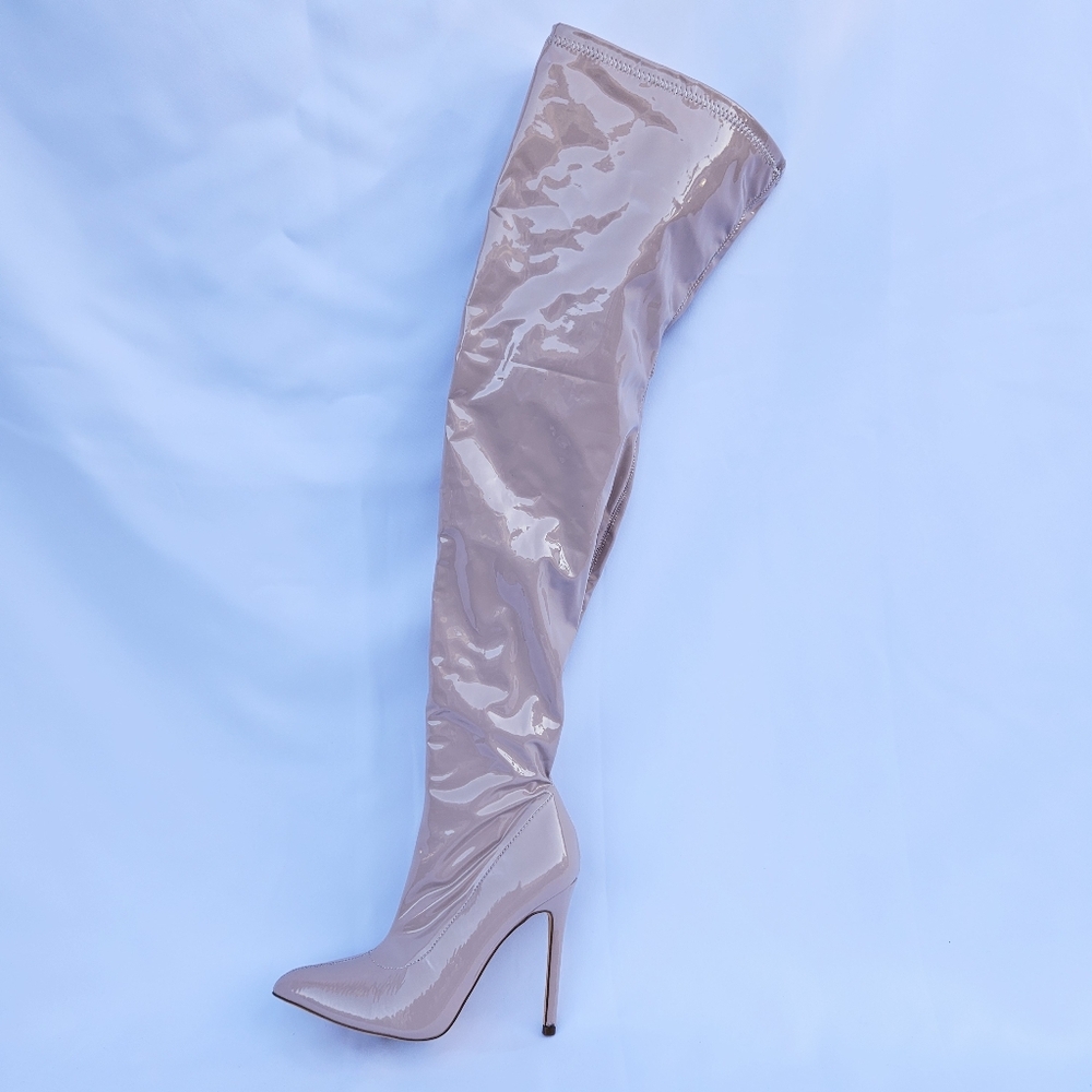 Nude Pink Pointed Toe Thigh High Boots Stiletto